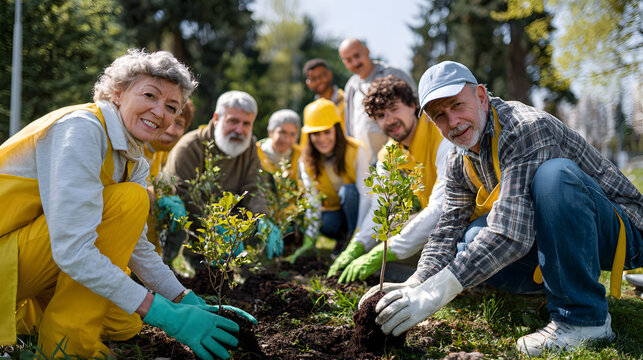 Group of volunteers planting trees in a park