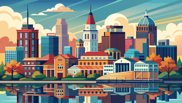 Very beautiful Erie, Pennsylvania downtown city skyline featuring modern and historic buildings, a calm waterfront atmosphere, and a clear, balanced composition ideal for stock-friendly artwork or 