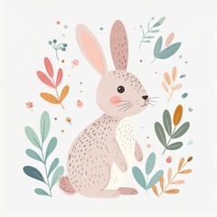 cartoon rabbit, minimalist flat hand-drawn lines, muted pastel colors, kids illustration style, white background