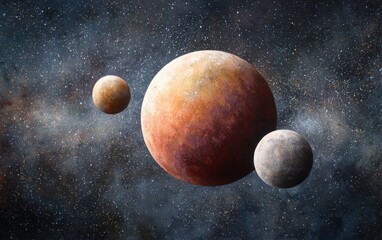 Fototapeta premium Planets In Outer Space With Stars And Nebula Background; Orange; Gray; Brown Planets For Science Fiction And Astronomy Concepts