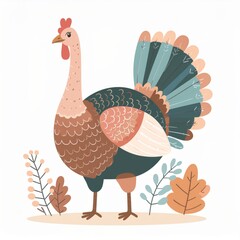 cartoon turkey, minimalist flat hand-drawn lines, muted pastel colors, kids illustration style, white background