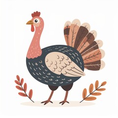cartoon turkey, minimalist flat hand-drawn lines, muted pastel colors, kids illustration style, white background