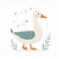 cartoon duck, minimalist flat hand-drawn lines, muted pastel colors, kids illustration style, white background
