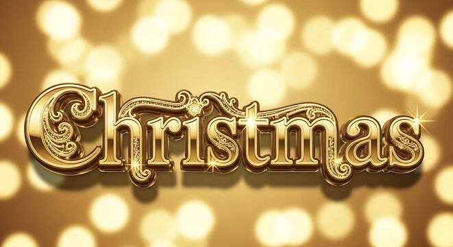 Elegant golden threedimensional text spelling christmas with ornate design against a warm, sparkling bokeh background for holiday celebration - Powered by Adobe