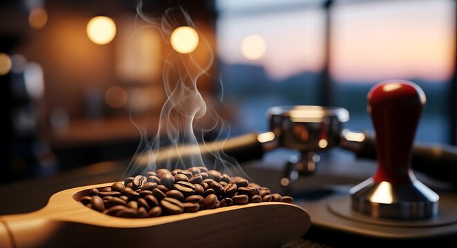 Steaming fresh roasted coffee bean on a wooden scoop with espresso tamper in the background at dawn