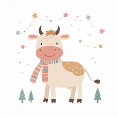 Cute Christmas card featuring a cartoon reindeer in a winter holiday scene