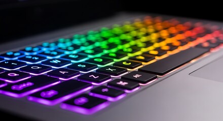 Closeup of a laptop keyboard with colorful rgb backlighting, showcasing a spectrum of vibrant rainbow colors illuminating the keys in a dark setting