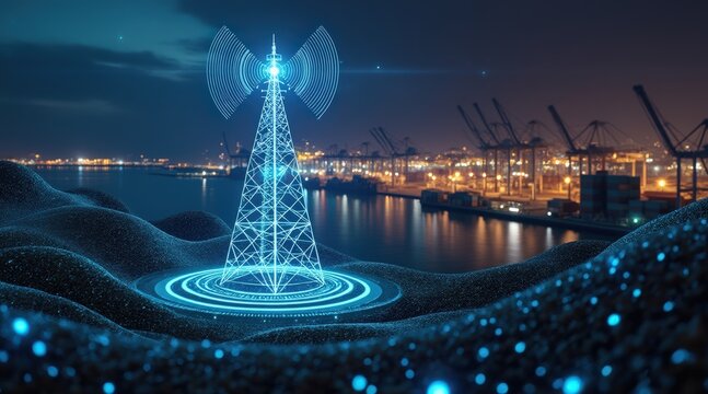 Digital communication tower radiating signals above busy port