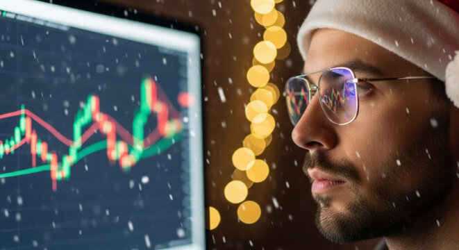 Focused business man, professional trader wearing santa hat, analyzing stock market chart on computer monitor - trading, holiday work, finance, investment, growth, economy, Christmas celebration
