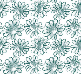Seamless vector pattern with chamomile flowers. Hand-drawn line illustration in transformative teal. Botanical sketch of chamomile flowers for backgrounds, packaging, and prints.