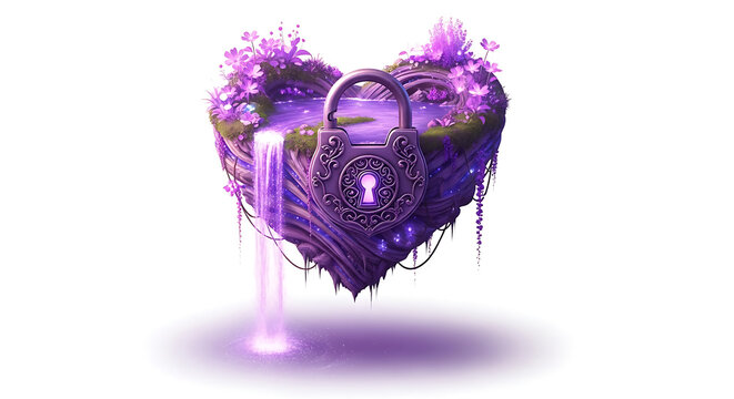 Enchanted purple heartshaped floating island with a glowing padlock and cascading waterfall isolated on white background