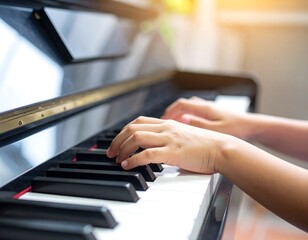 Obraz premium Child's hands playing a grand piano with sunlit background