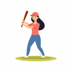 Woman Playing Baseball, Swinging Bat, Ready to Hit the Ball in Cartoon Style