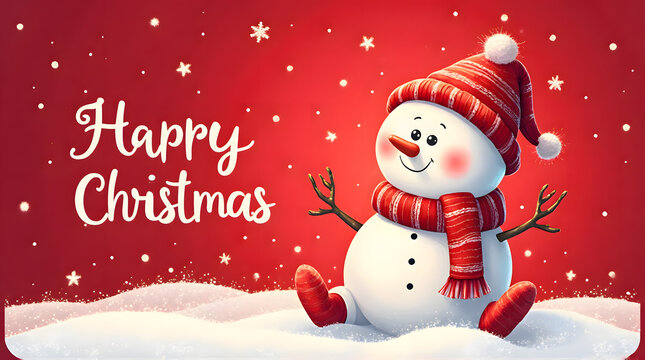 Festive Cartoon Snowman in Snow with Falling Snowflakes and Holiday Greeting Banner