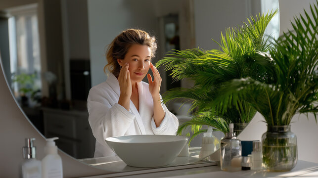 Modern home interior with a faceless woman performing skincare ritual at the mirror, gentle natural lighting, self-care, slow living lifestyle, with copy space