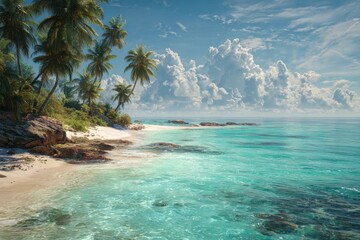 Idyllic Palm-Lined Beach Meets a Spectacular Ocean Geyser Under a Dramatic Sky.