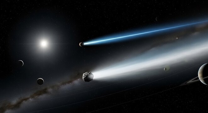 Comets in Space with Bright Tails and Asteroid Belt.