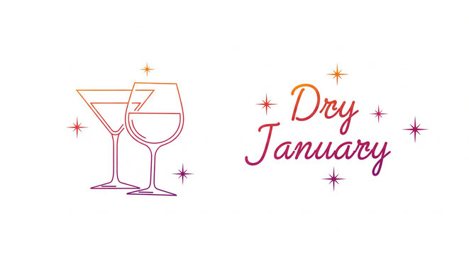 Embrace a healthy reset with Dry January, featuring elegant cocktail glasses in a vibrant gradient design promoting mindful wellness and a fresh start
