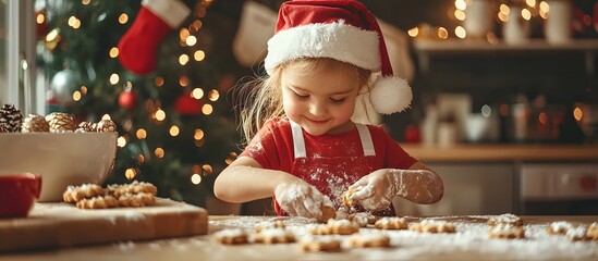 Happy little girl bake christmas cookies on cozy kitchen at home