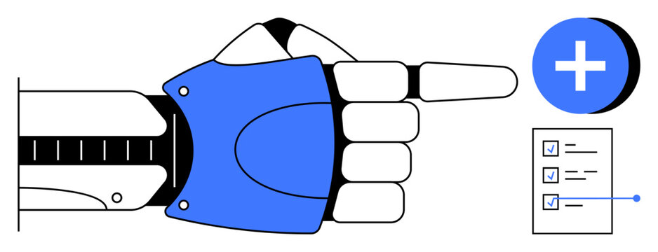 Task management. A robotic hand directs attention to a checklist and add symbol, task management and technological advancements. Task management enhances efficiency and productivity. Applications in