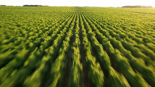 Sweeping aerial drone shot flying low over vast symmetrical rows of vivid green farmland crops creating a stunning geometric texture as the wind passes over perspective, ecology, efficiency