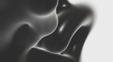 Abstract grayscale rendering of two smooth curved surfaces merging against neutral background. Fluid geometry and soft lighting create a minimal composition backdrop © Neeqolah