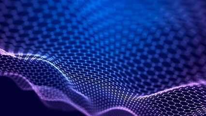 Blue and pink futuristic data wave. Cyber-motion of light particles. 3D rendering.