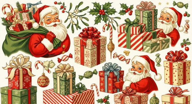 Vintage christmas collage featuring santa claus and wrapped gifts - Powered by Adobe