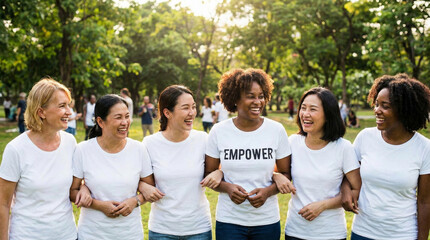 Diverse group of happy women linking arms in park wearing white t-shirts with one saying empower
