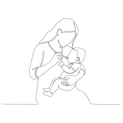 A continuous one-line illustration of a mother figure holding her baby while feeding them with a spoon