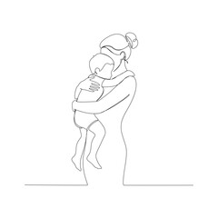 A continuous one-line illustration of a loving mother figure embracing her baby in a warm hug.