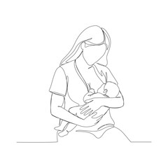 A continuous one-line illustration of a mother figure holding and breastfeeding her newborn baby
