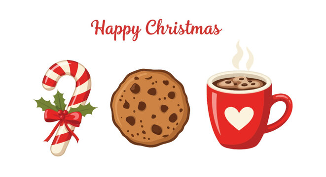 Happy christmas with candy cane, chocolate chip cookie, and hot cocoa
