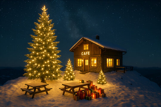 Magical nighttime christmas tree by cozy house in snowy winter wonderland landscape illumination