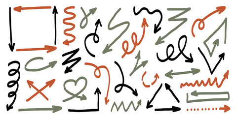 Collection of hand-drawn arrows in black, orange, and olive green with various shapes including spiral, curved, zigzag, straight, and looped lines on white background