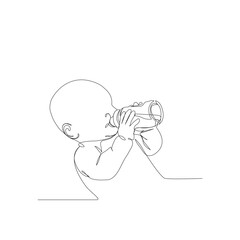 A continuous one-line drawing illustration of a hungry baby or toddler holding and drinking milk or water from a baby bottle