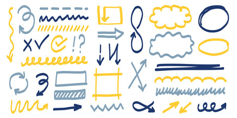 Collection of hand-drawn vector elements in blue, yellow, and gray. Includes arrows, check marks, crosses, symbols, lines, circles, frames, and highlight scribbles.