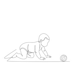 A continuous one-line drawing illustration of an active baby crawling on the floor, reaching for a small ball toy.