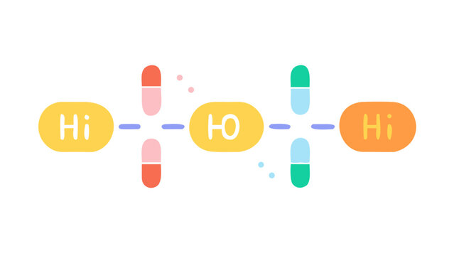 Cartoon representation of hypochlorous acid molecule with colorful design