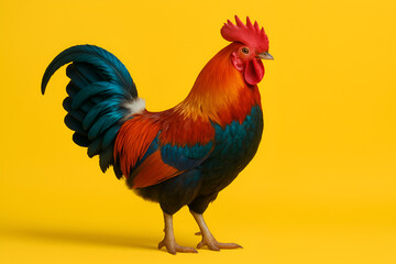 Fototapeta premium Vibrant rooster chicken with colorful feathers standing on bright yellow background