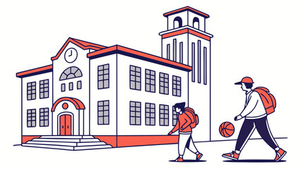 Student walking towards a college building with a basketball