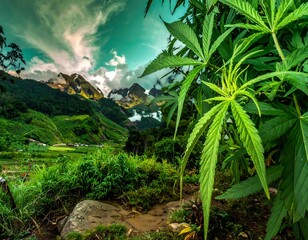 Lush valley scene showcasing vibrant green cannabis leaves in the foreground with mountain range backdrop