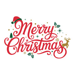 Merry Christmas typography and calligraphy design on a white background, ideal for Xmas card templates, posters, banners, flyers, and festive social media posts for the holiday season.