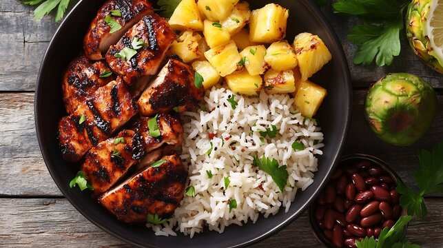 Caribbean jerk chicken rice beans pineapple slices tropical greenery island vibe no human
