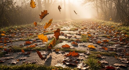 Misty golden light on an autumn path with falling leaves