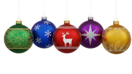 Vibrant Set of Five Colorful Glossy Oval Christmas Baubles Isolated on Transparent Background (PNG)