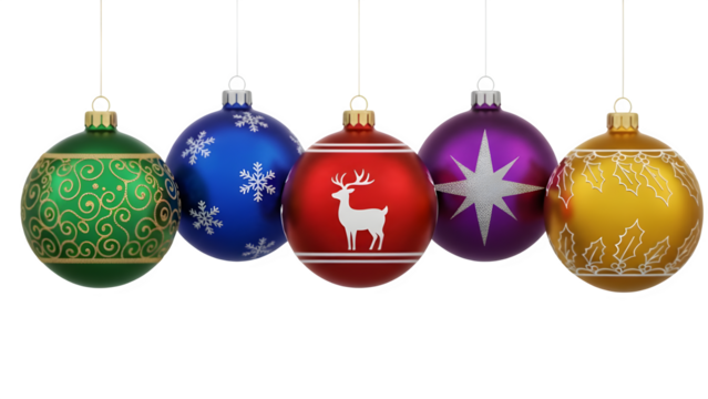 Vibrant Set of Five Colorful Glossy Oval Christmas Baubles Isolated on Transparent Background (PNG)