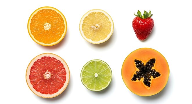 An assortment of colorful and fresh fruits isolated on white background, including citrus and tropical varieties - Powered by Adobe