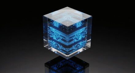 Mesmerizing transparent cube revealing intricate blue digital circuitry, a conceptual symbol of advanced data processing, artificial intelligence, and the sophisticated core of future technology