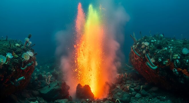 A powerful submarine volcano erupts with glowing lava on the deep ocean floor.
